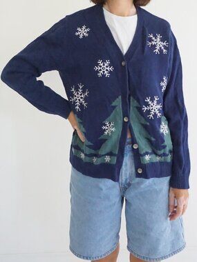 Crystal-Kobe Blue Snowflake Fir Trees Ugly Christmas Knit Cardigan XL